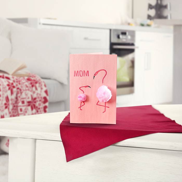 Flamingo mother's day card craft. front view.