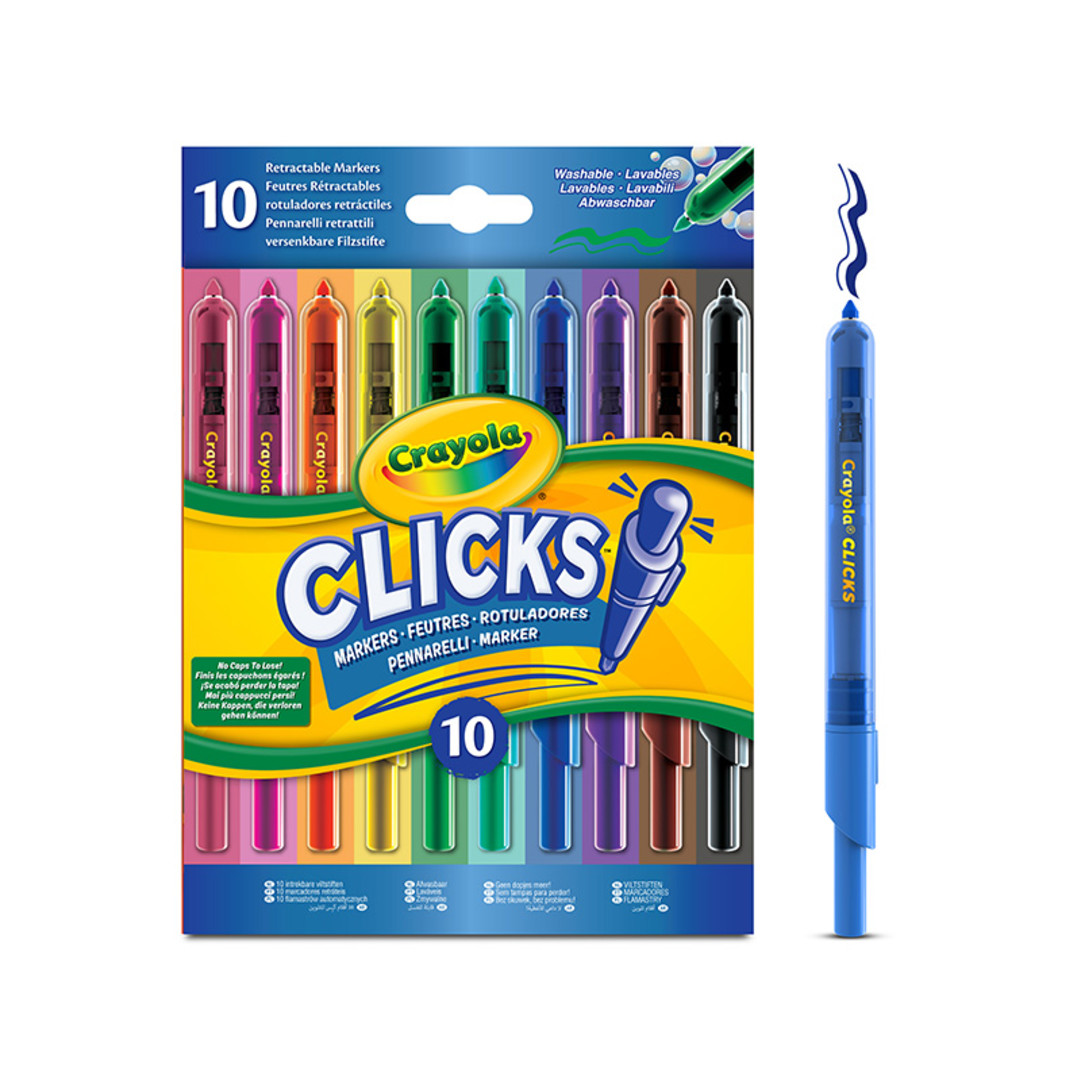 Crayola Clicks Markers, Pack of 10 front view and single marker.