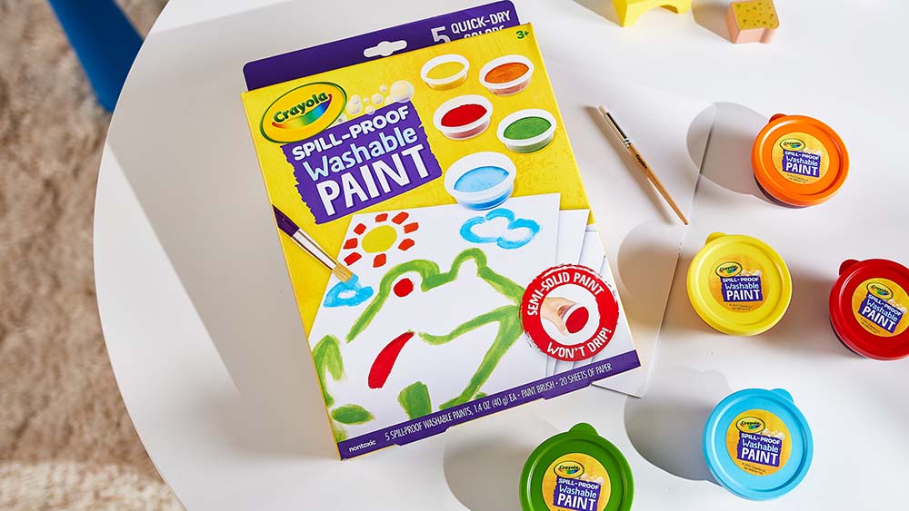 Spill-proof washable paints on a table.