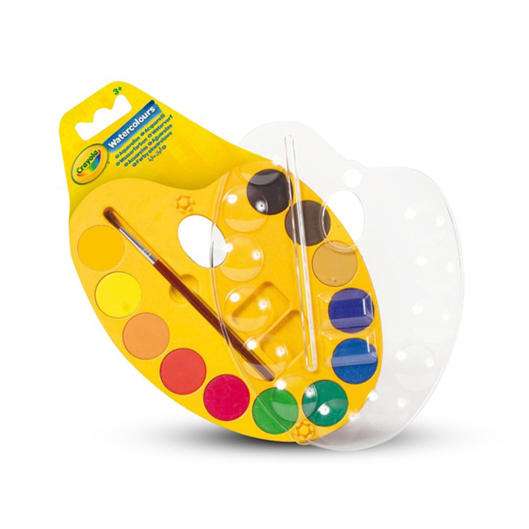 Washable Watercolour Paint Palette, 12 Watercolour Paints and 1 Paintbrush front view.