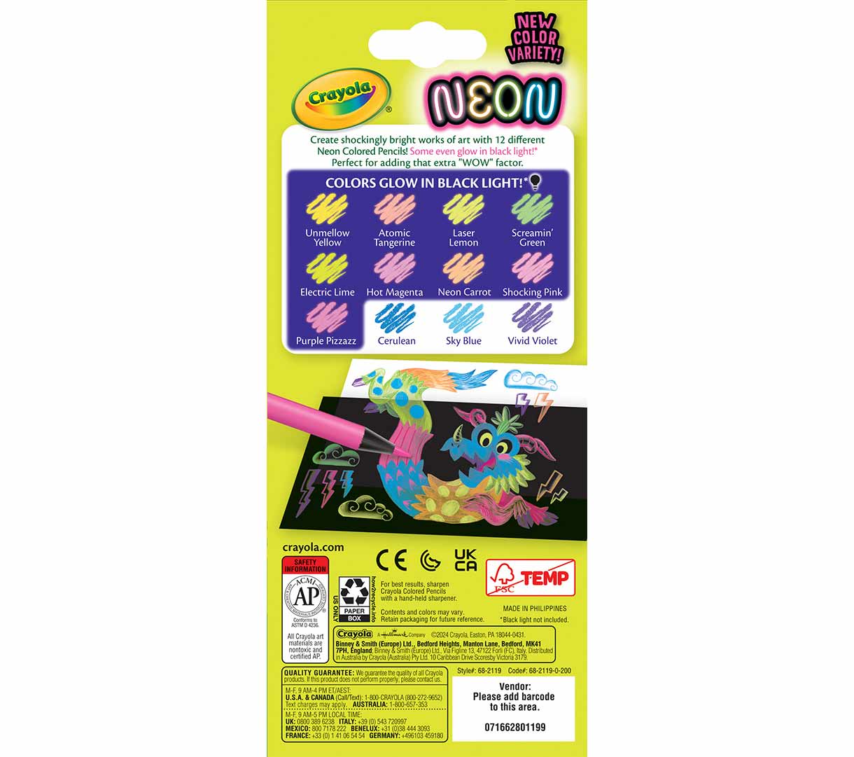 Neon Colored Pencils  12 count back view.