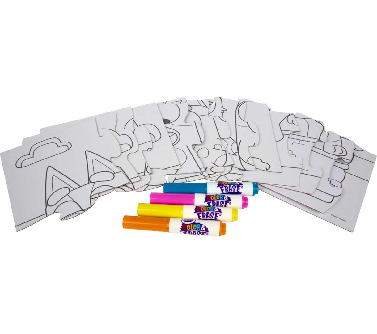 Bluey Color & erase reusable puzzle set with markers. contents.