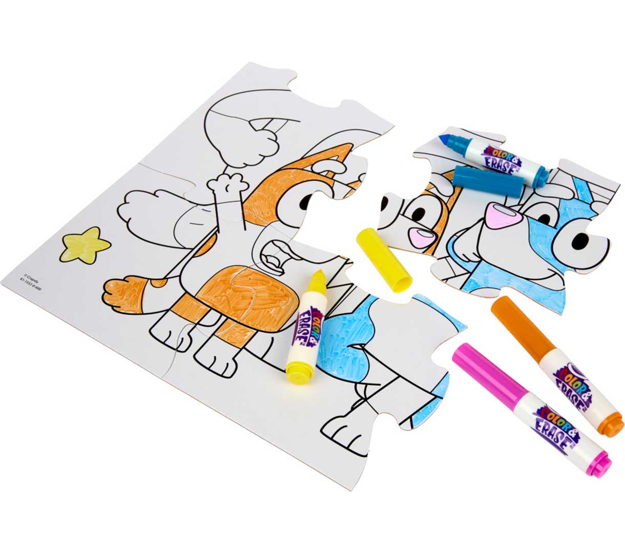Bluey Color & erase reusable puzzle set with markers. partially colored puzzles and markers.