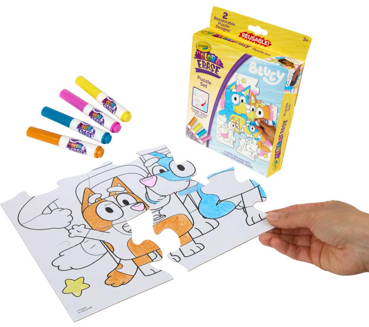 Bluey Color & erase reusable puzzle set with markers. packaging. markers. and partially colored puzzle set being assembled.