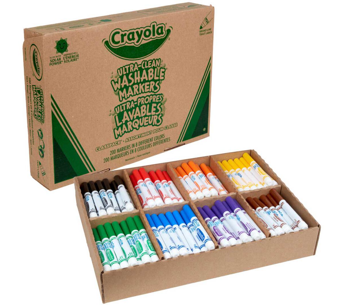 Ultra-Clean washable broad line markers classpack 200 count 8 colors. Front of packaging and contents.