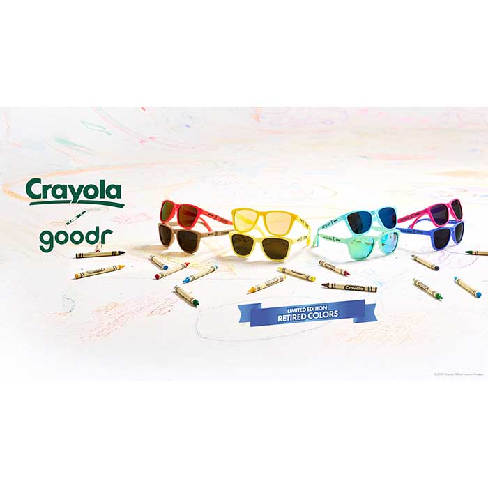 Crayola x Goodr Sunglasses limited edition retired colors. full selection of colors surrounded by crayons.