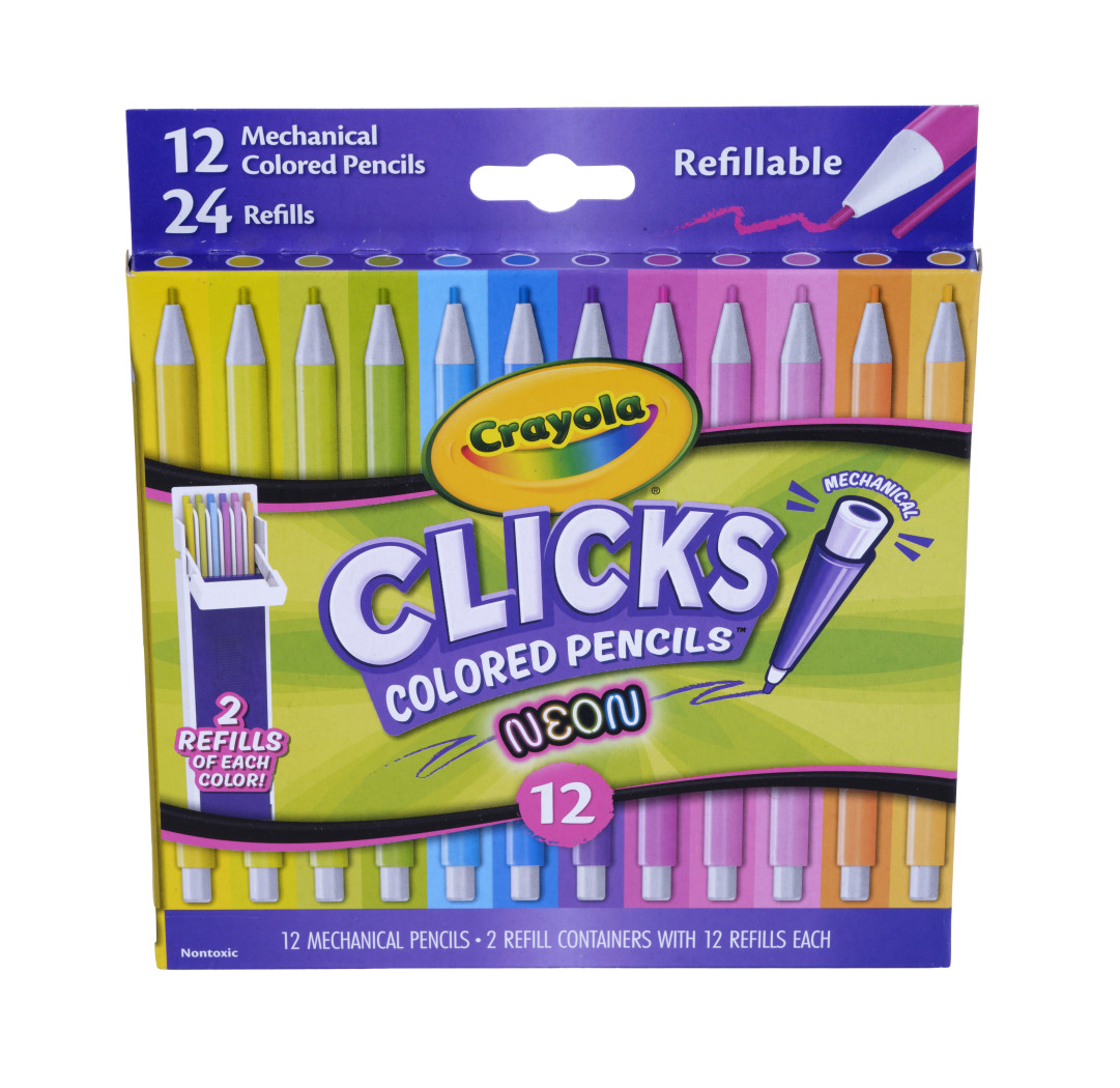 Crayola Clicks Colored Pencil Set, 12 Neon Colors front view.