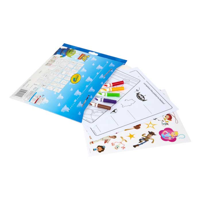 Toy Story 5 Color & Sticker Activity Set. Back view with contents partially outside foldalope.