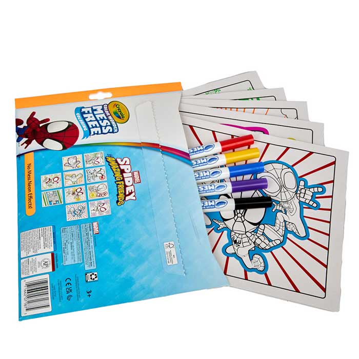 Color Wonder Mess Free Spidey & His Amazing Friends Neon Coloring Pages & Markers back view. Foldalope storage with contents.
