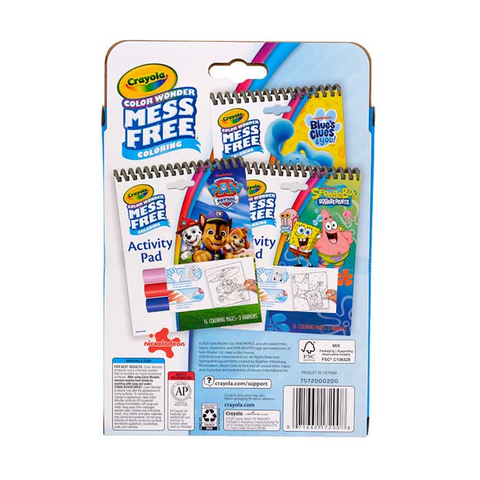 Color Wonder Nickelodeon Activity Pad 3-Pack back view.