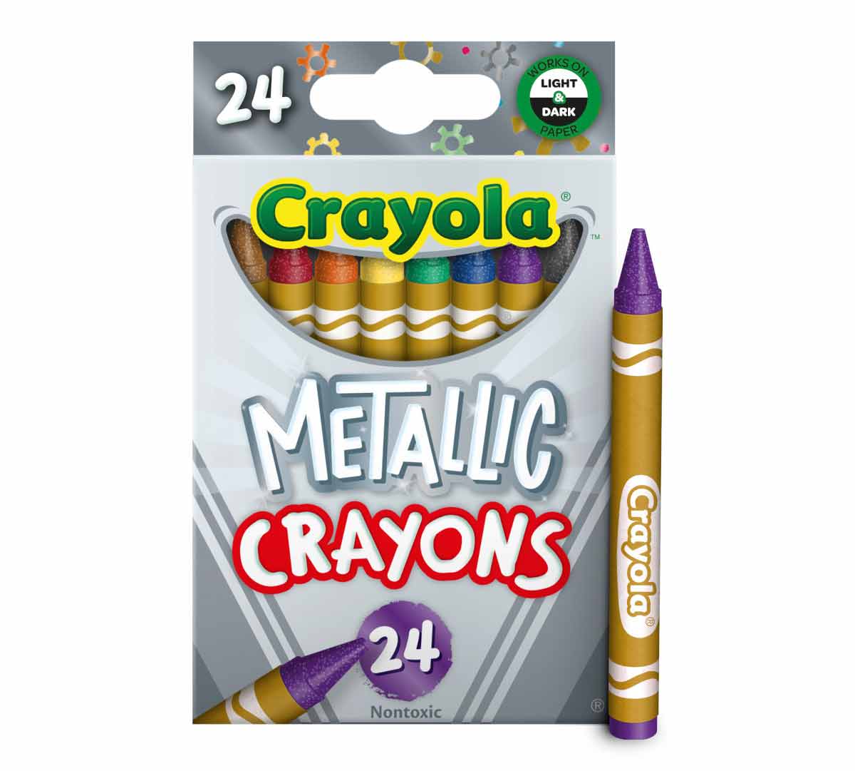 Metallic Crayons  24 count front view with single purple crayon standing beside box.