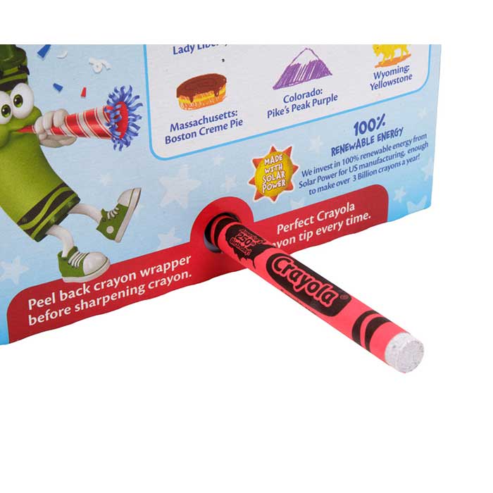 Crayola 64 Count Crayons, America’s 250th Birthday Special Edition Crayons sharpener close up with crayon inserted.