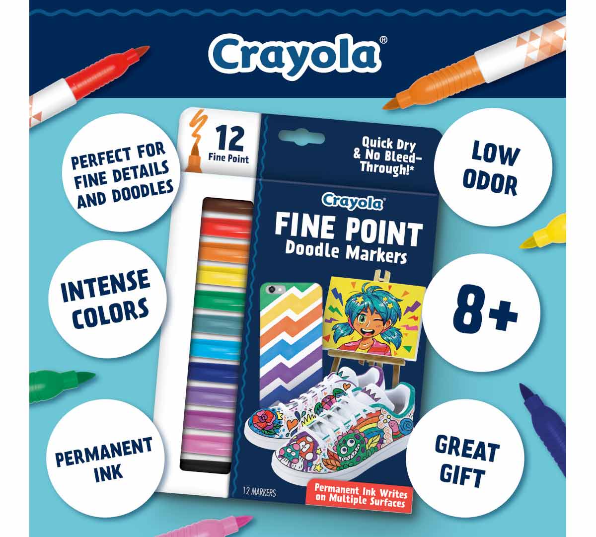 Doodle & Draw Fine Point Doodle Marker  12 count. Perfect for fine details and doodles. Low Odor. Intense Colors. Permanent Ink. Great gift.