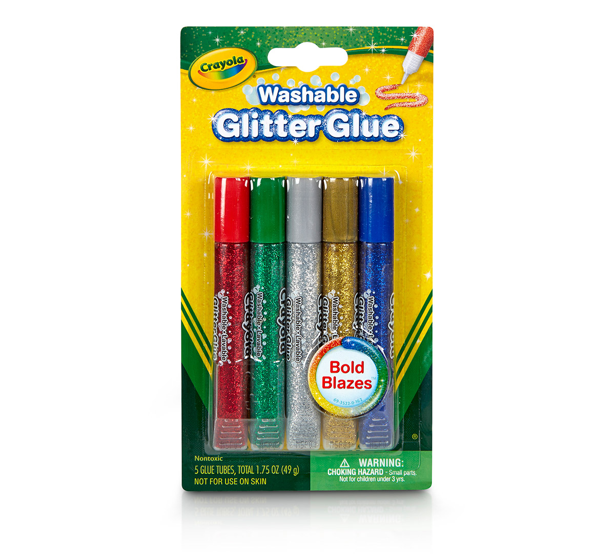 Washable Glitter Glue, Bold, 5 count. front view.